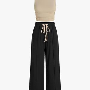 Cider Black Wide-Leg Pants with Cream Drawstring